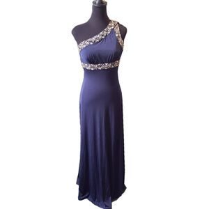 Beata Studio | Midnight Blue One Shoulder Beaded Open Back Gown, Size 9, GUC